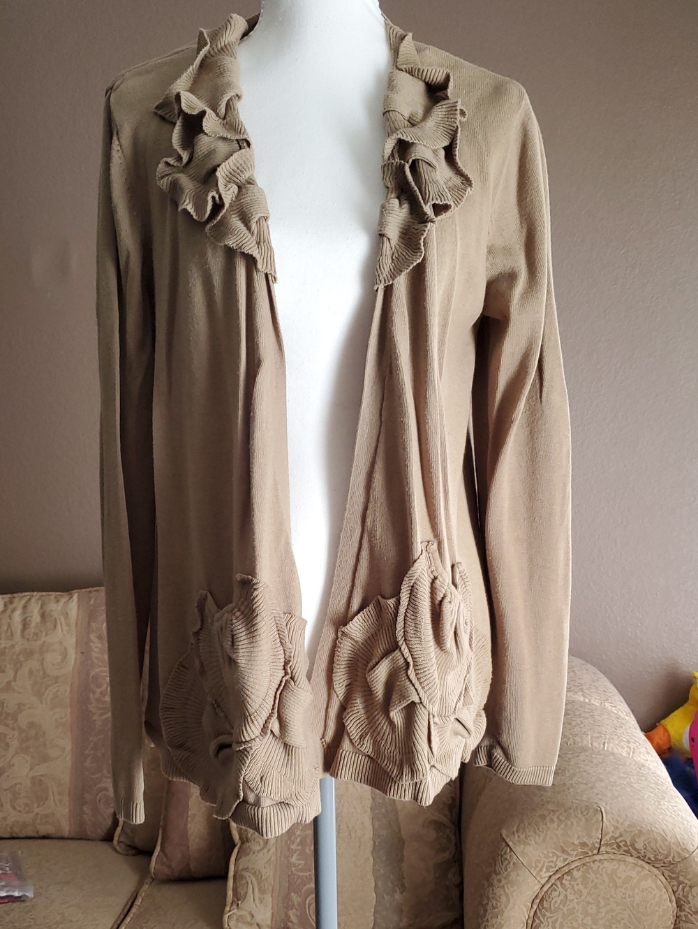 Joseph A Taupe Ruffle-Trim Open-Front Cardigan